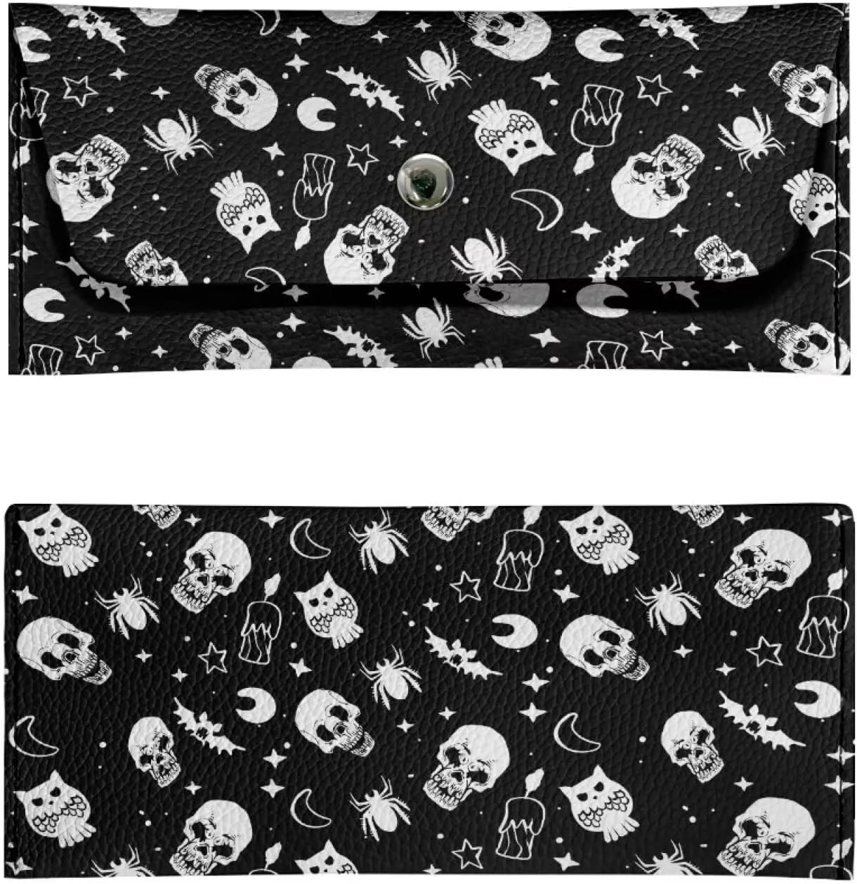 Black Skull Graphic Wallet for Women Portable Travel Work Leather Clutch Bags Lightweight Ladies Slim Card Holder Cash Purses with Button for Everyday Outdoor Use