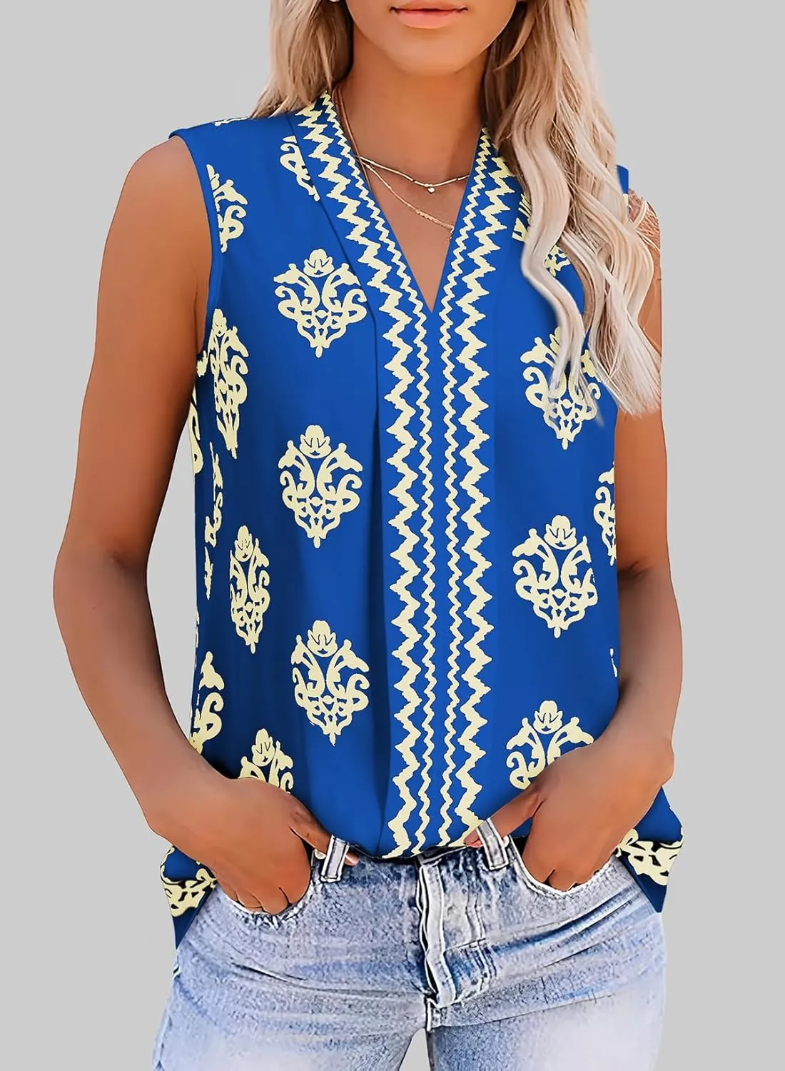 BLENCOT Women's Summer Tank Tops Chiffon V Neck Sleeveless Floral Printed Shirts Blouse