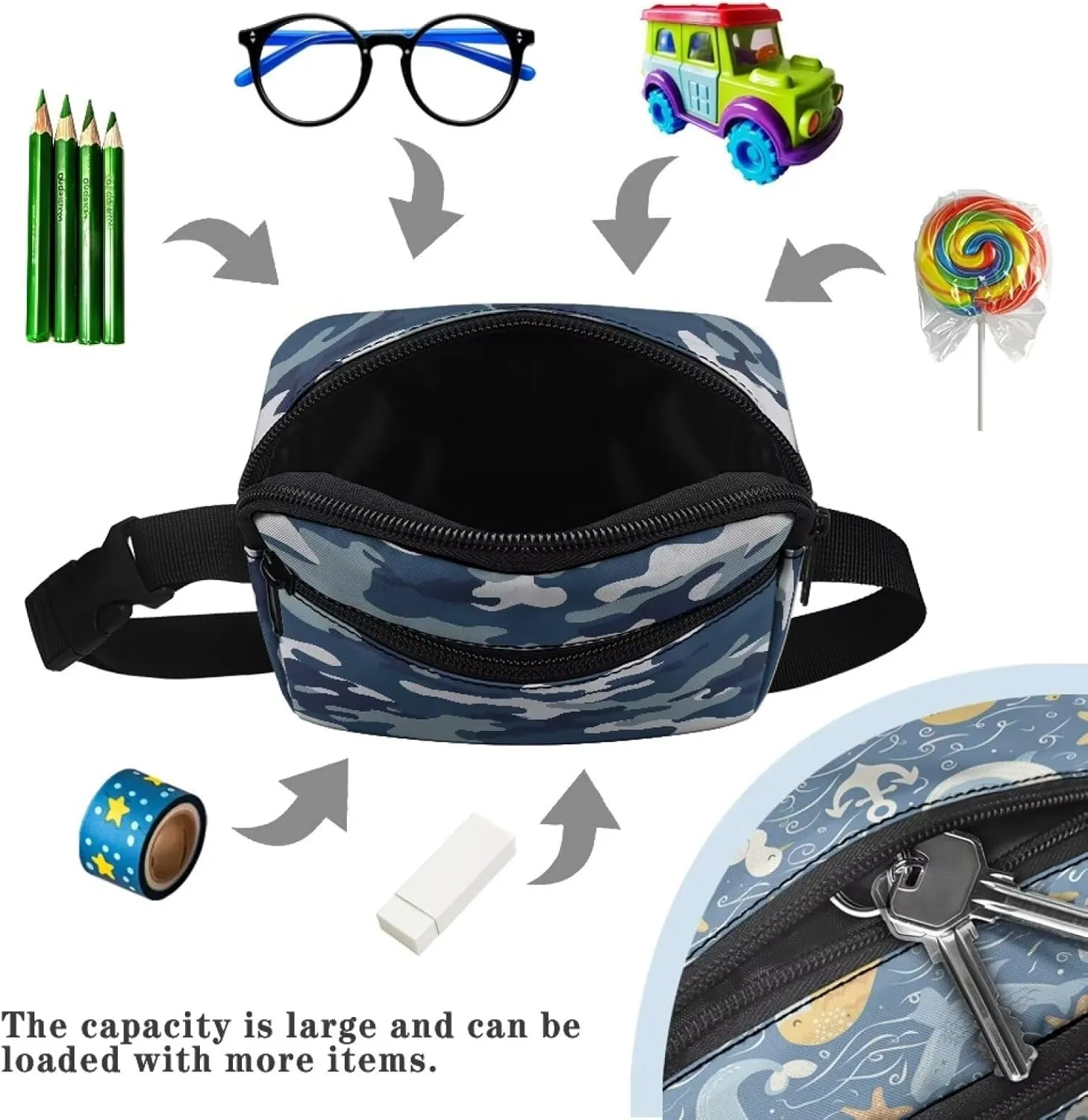 Blue Camo Graphic Fanny Pack Waist Packs for Boys Lightweight Waterproof Polyester Waist Bag Hip Pack with Adjustment Length and Large Capacity for Travel Hiking Running Outdoor Use