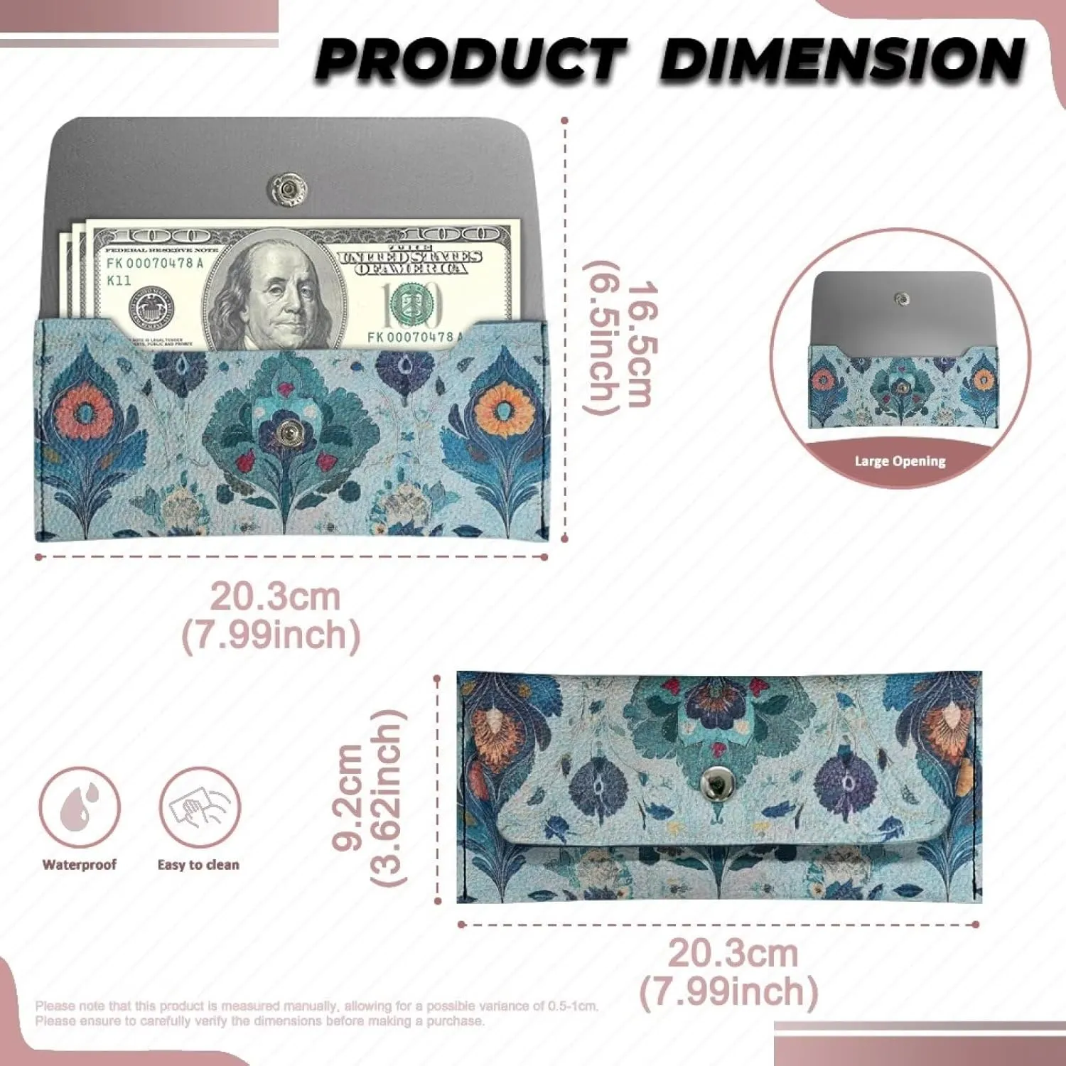 Blue Pattern Clutch Purses for Women Wedding Portable Long Cash Wallets Pouch with Metal Snap Button Ladies Casual Lightweight Fashion Card Holder for Travel Shop Sport Outdoor Use