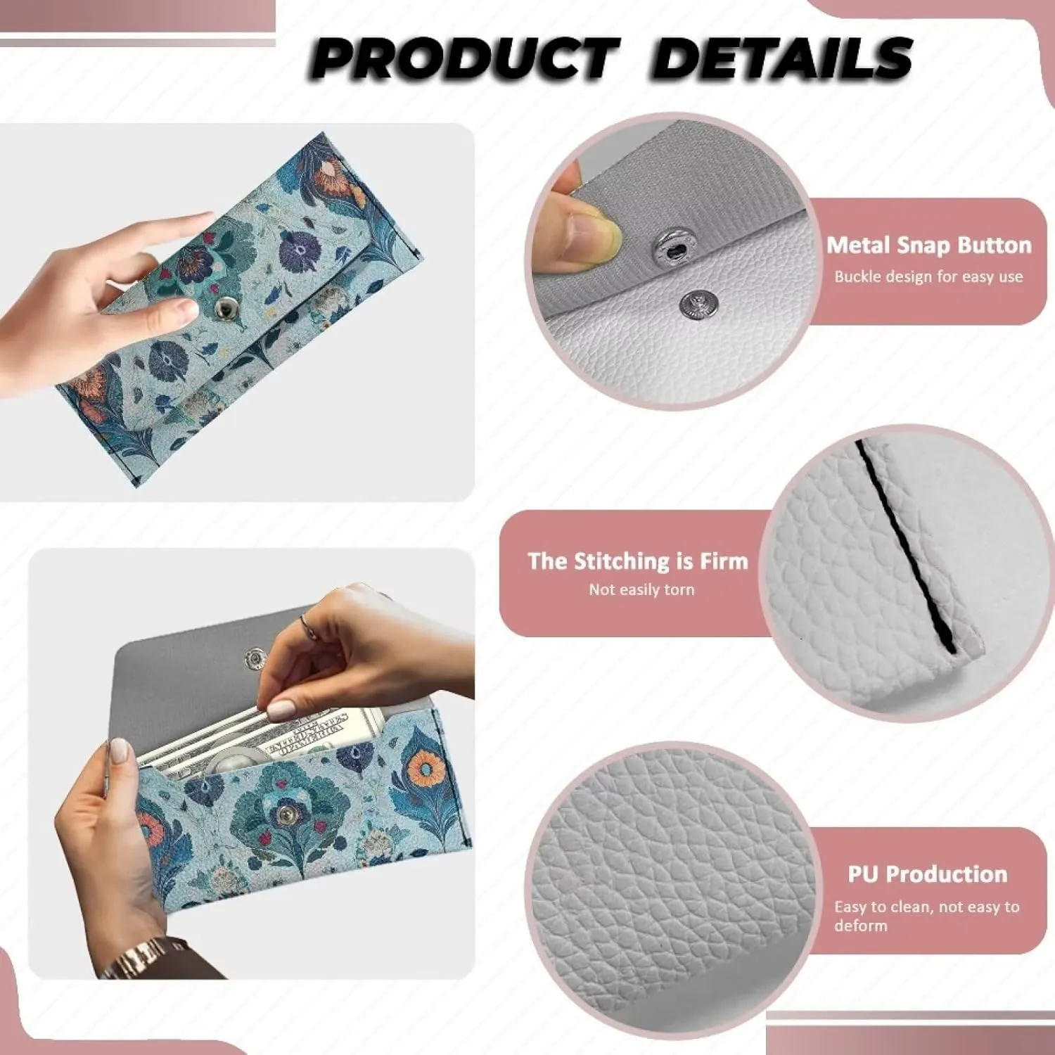 Blue Pattern Clutch Purses for Women Wedding Portable Long Cash Wallets Pouch with Metal Snap Button Ladies Casual Lightweight Fashion Card Holder for Travel Shop Sport Outdoor Use