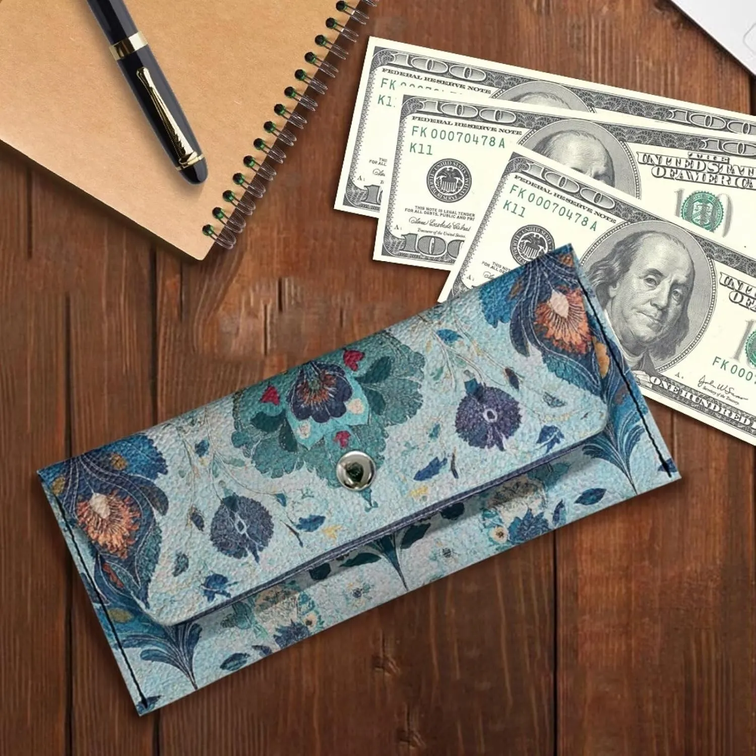 Blue Pattern Clutch Purses for Women Wedding Portable Long Cash Wallets Pouch with Metal Snap Button Ladies Casual Lightweight Fashion Card Holder for Travel Shop Sport Outdoor Use