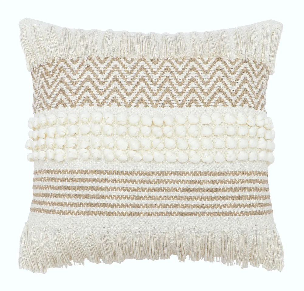 Boho Cushion Cover with Chevron Knotted Pompom and Fringe-Melanie