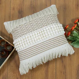 Boho Cushion Cover with Chevron Knotted Pompom and Fringe-Melanie
