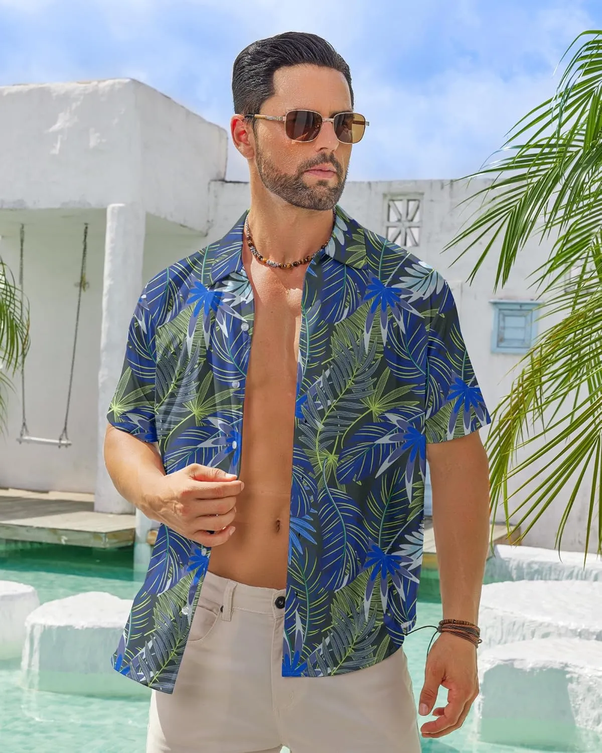 BOJIN Men's Hawaiian Wrinkle Free Short Sleeve Button Down Tropical Floral Beach Vacation Shirt