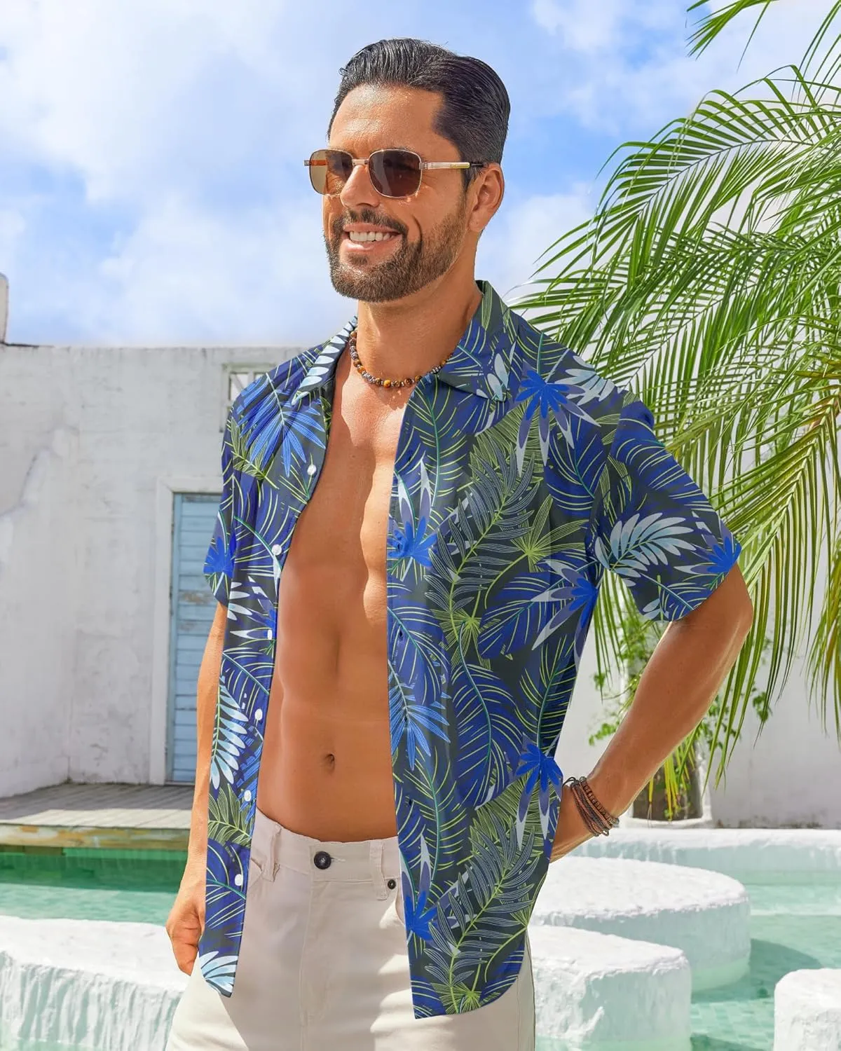 BOJIN Men's Hawaiian Wrinkle Free Short Sleeve Button Down Tropical Floral Beach Vacation Shirt