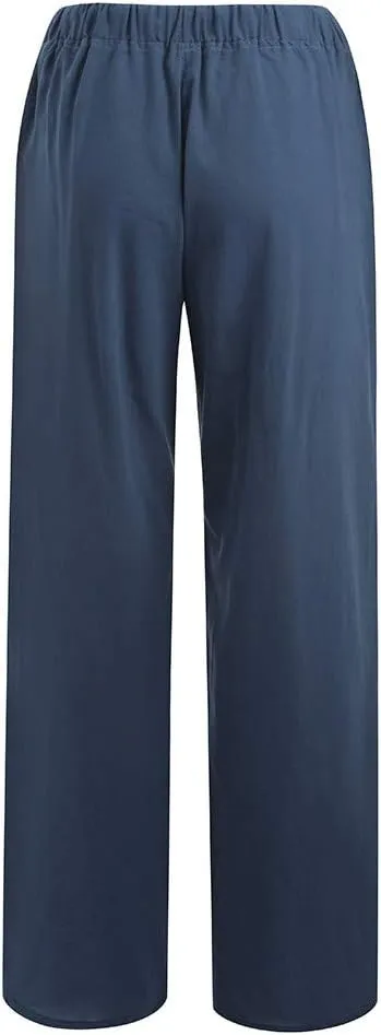 Borniu Women's Cotton Linen Pants Summer High Waisted Palazzo Pants Wide Leg Drawstring Elastic Waist Loose Comfy Trousers