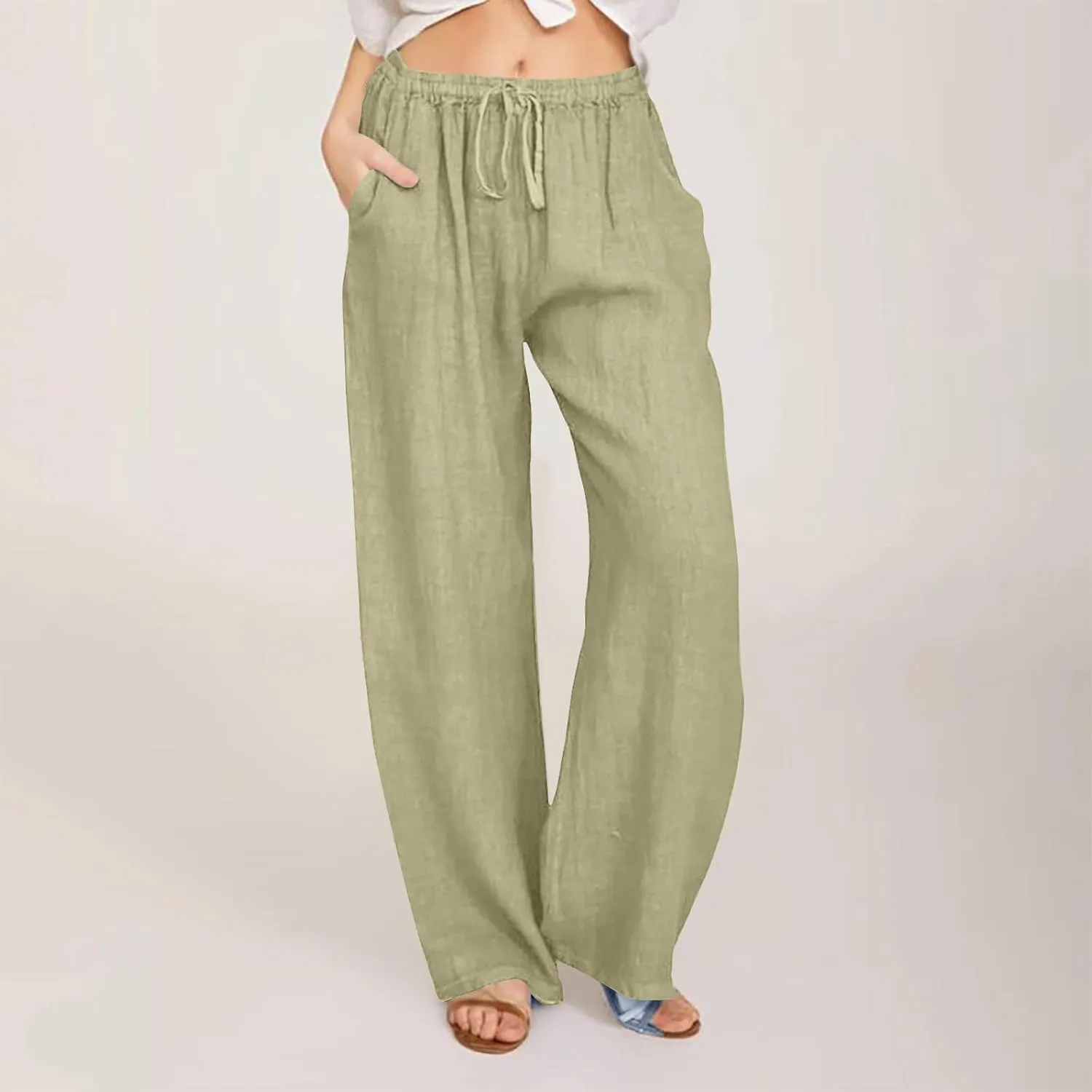 Borniu Women's Cotton Linen Pants Summer High Waisted Palazzo Pants Wide Leg Drawstring Elastic Waist Loose Comfy Trousers