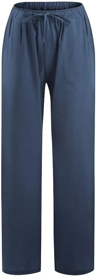 Borniu Women's Cotton Linen Pants Summer High Waisted Palazzo Pants Wide Leg Drawstring Elastic Waist Loose Comfy Trousers