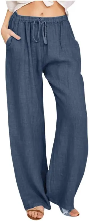 Borniu Women's Cotton Linen Pants Summer High Waisted Palazzo Pants Wide Leg Drawstring Elastic Waist Loose Comfy Trousers