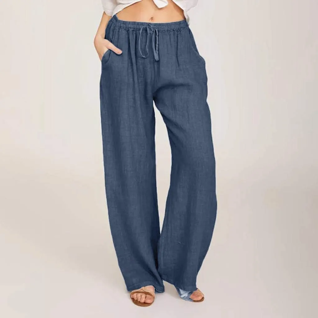 Borniu Women's Cotton Linen Pants Summer High Waisted Palazzo Pants Wide Leg Drawstring Elastic Waist Loose Comfy Trousers