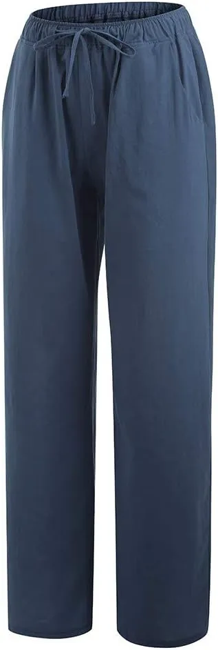 Borniu Women's Cotton Linen Pants Summer High Waisted Palazzo Pants Wide Leg Drawstring Elastic Waist Loose Comfy Trousers