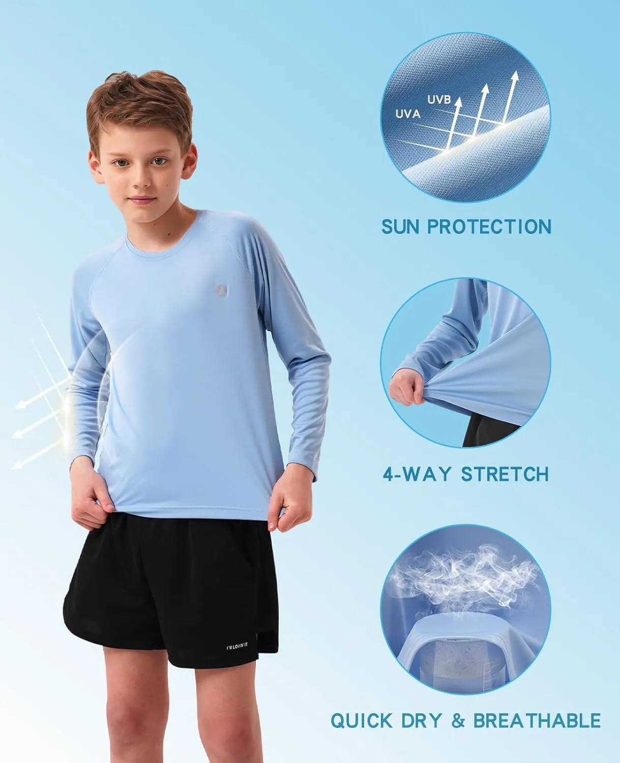 Boys Girls Long Sleeve Sun Shirts Rashguard UPF50 UV Quick Dry Athletic Hiking Fishing Golf Workout Play Water Size 6-14