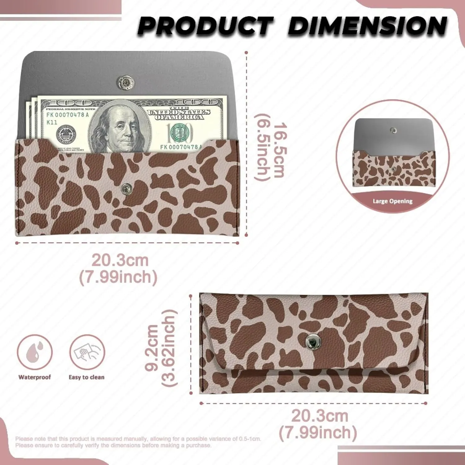 Brown Cow Print Clutch Bag Cash Purse for Womens Girls Lightweight Card Bag Portable Leather Long Wallet with Metal Snap Button for Ladies Travel Business Shop Wedding Party Outdoor Use