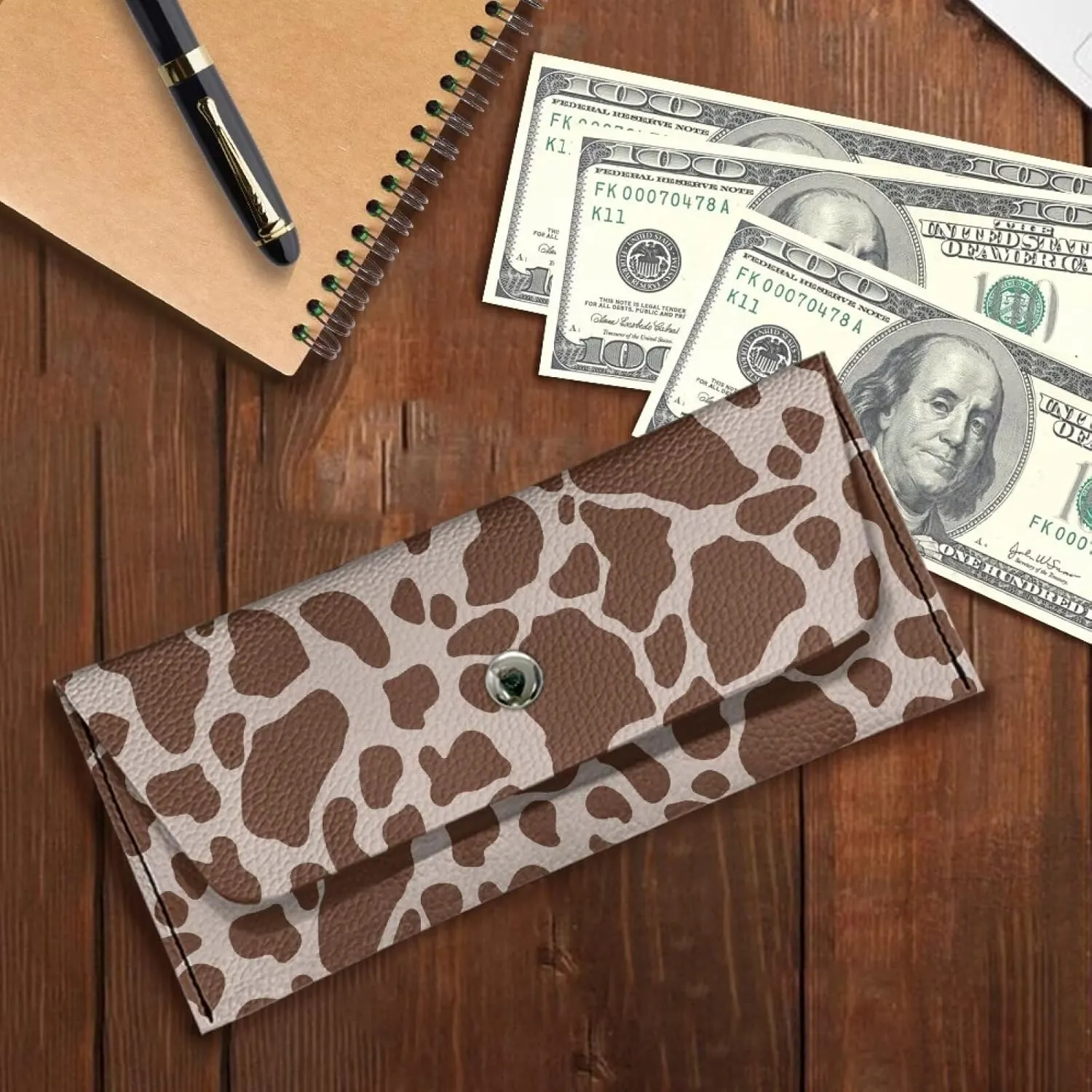 Brown Cow Print Clutch Bag Cash Purse for Womens Girls Lightweight Card Bag Portable Leather Long Wallet with Metal Snap Button for Ladies Travel Business Shop Wedding Party Outdoor Use