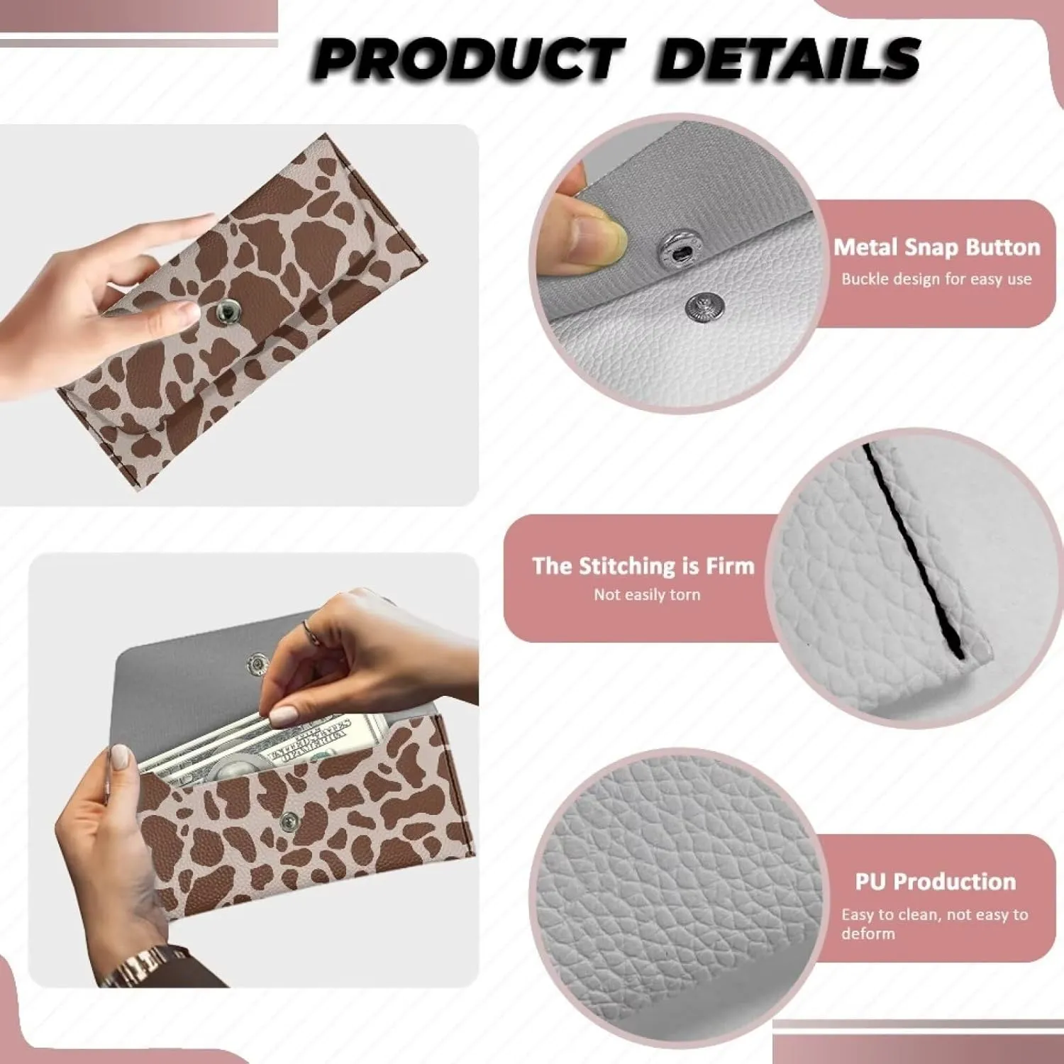 Brown Cow Print Clutch Bag Cash Purse for Womens Girls Lightweight Card Bag Portable Leather Long Wallet with Metal Snap Button for Ladies Travel Business Shop Wedding Party Outdoor Use