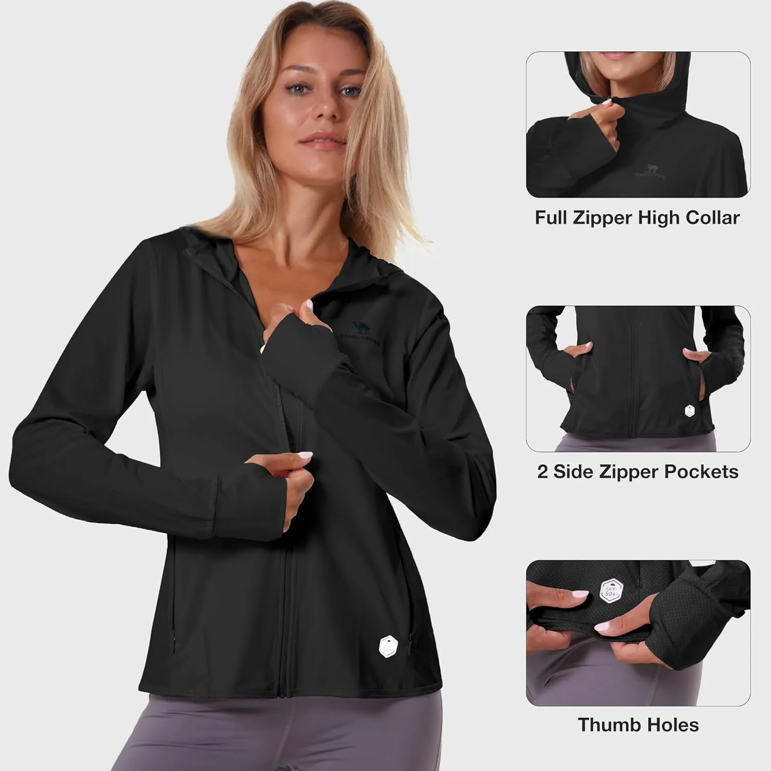 CAMELSPORTS Women UPF 50  Athletic Jacket Sun Protection Long Sleeve Hiking Shirts Lightweight Outdoor Hoodie with Pocket