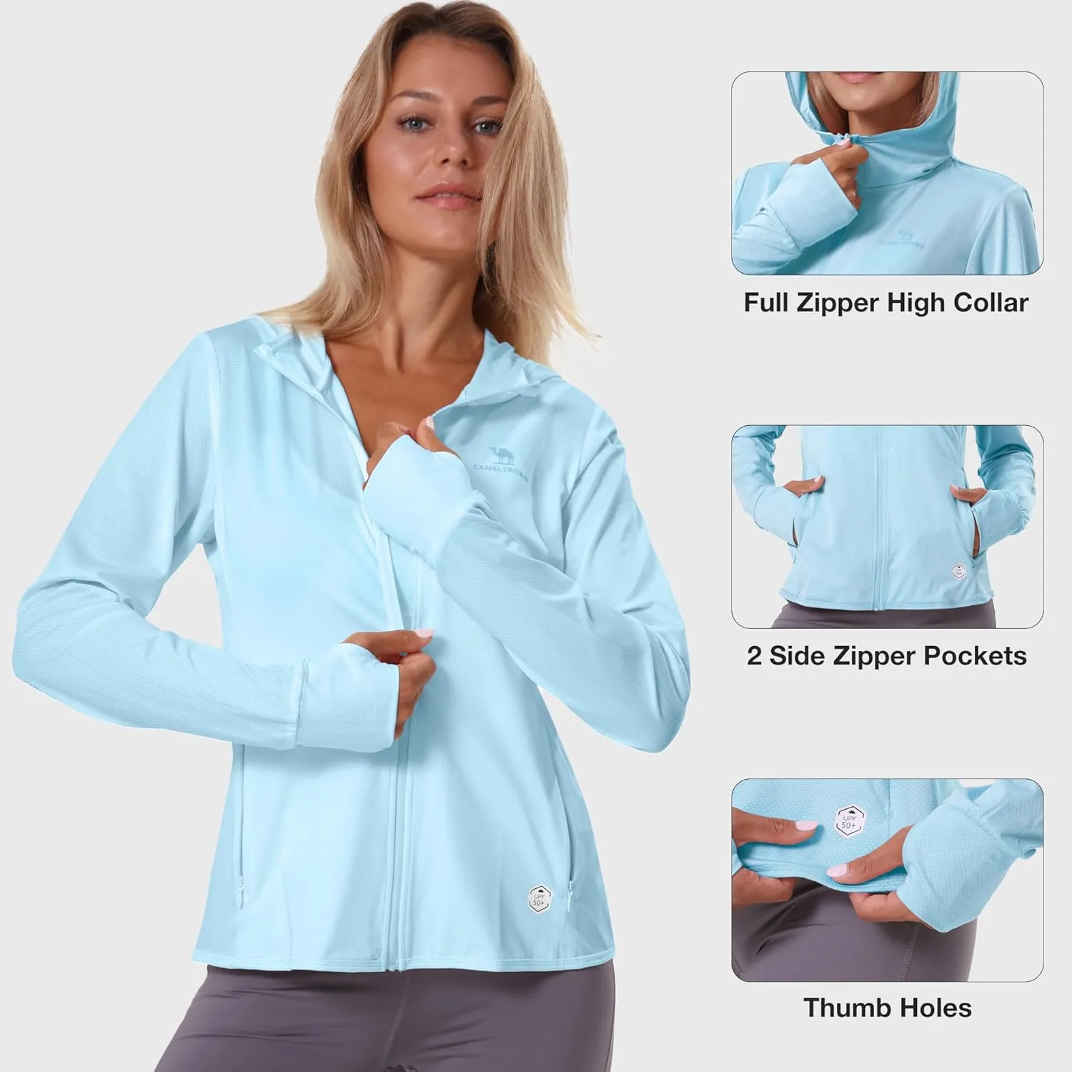 CAMELSPORTS Women UPF 50  Athletic Jacket Sun Protection Long Sleeve Hiking Shirts Lightweight Outdoor Hoodie with Pocket