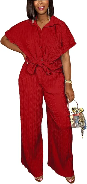 Casual Two Piece Set for Women - Button Down Shirt and Wide Leg Pants Matching Set Tracksuits
