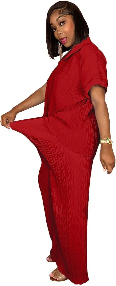 Casual Two Piece Set for Women - Button Down Shirt and Wide Leg Pants Matching Set Tracksuits