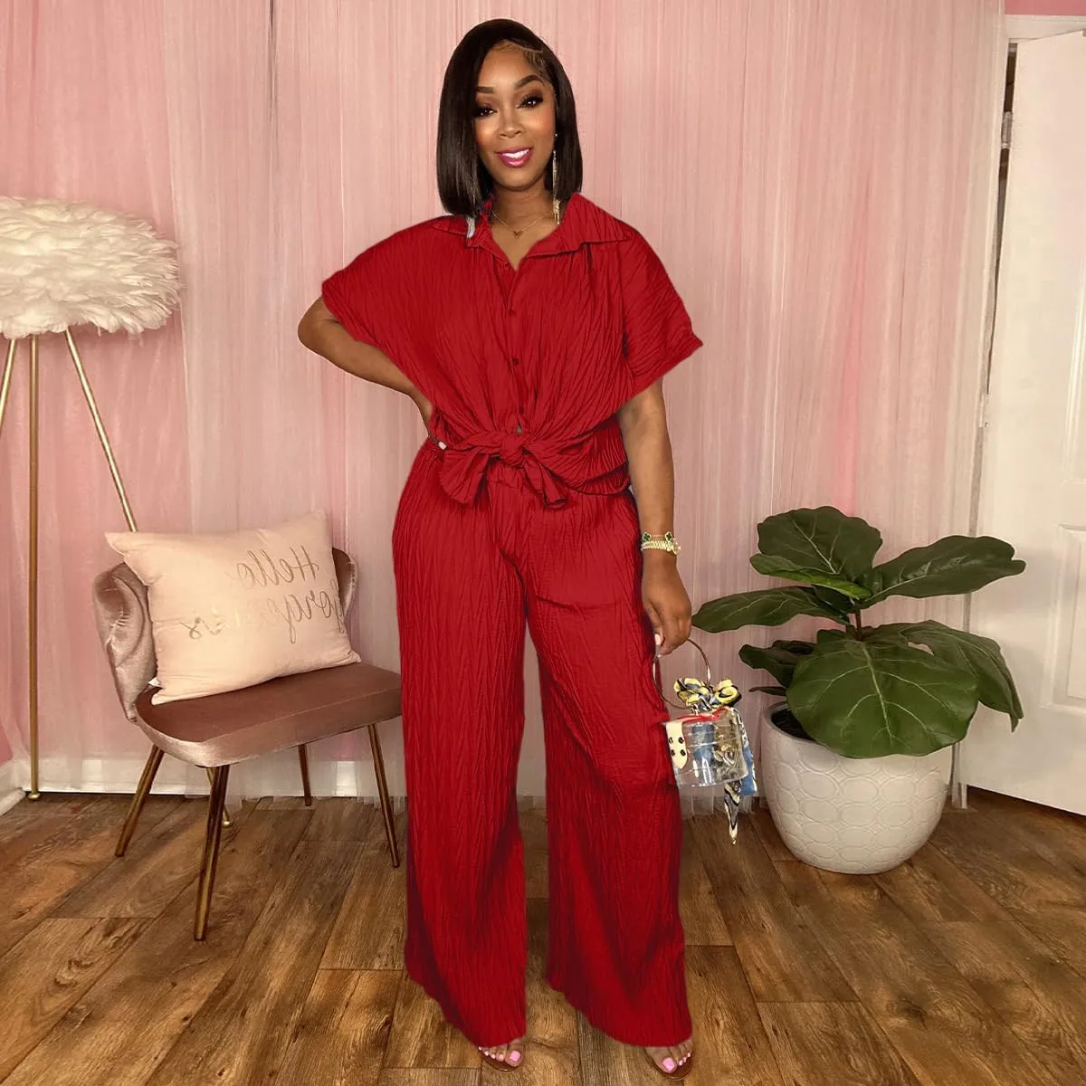 Casual Two Piece Set for Women - Button Down Shirt and Wide Leg Pants Matching Set Tracksuits