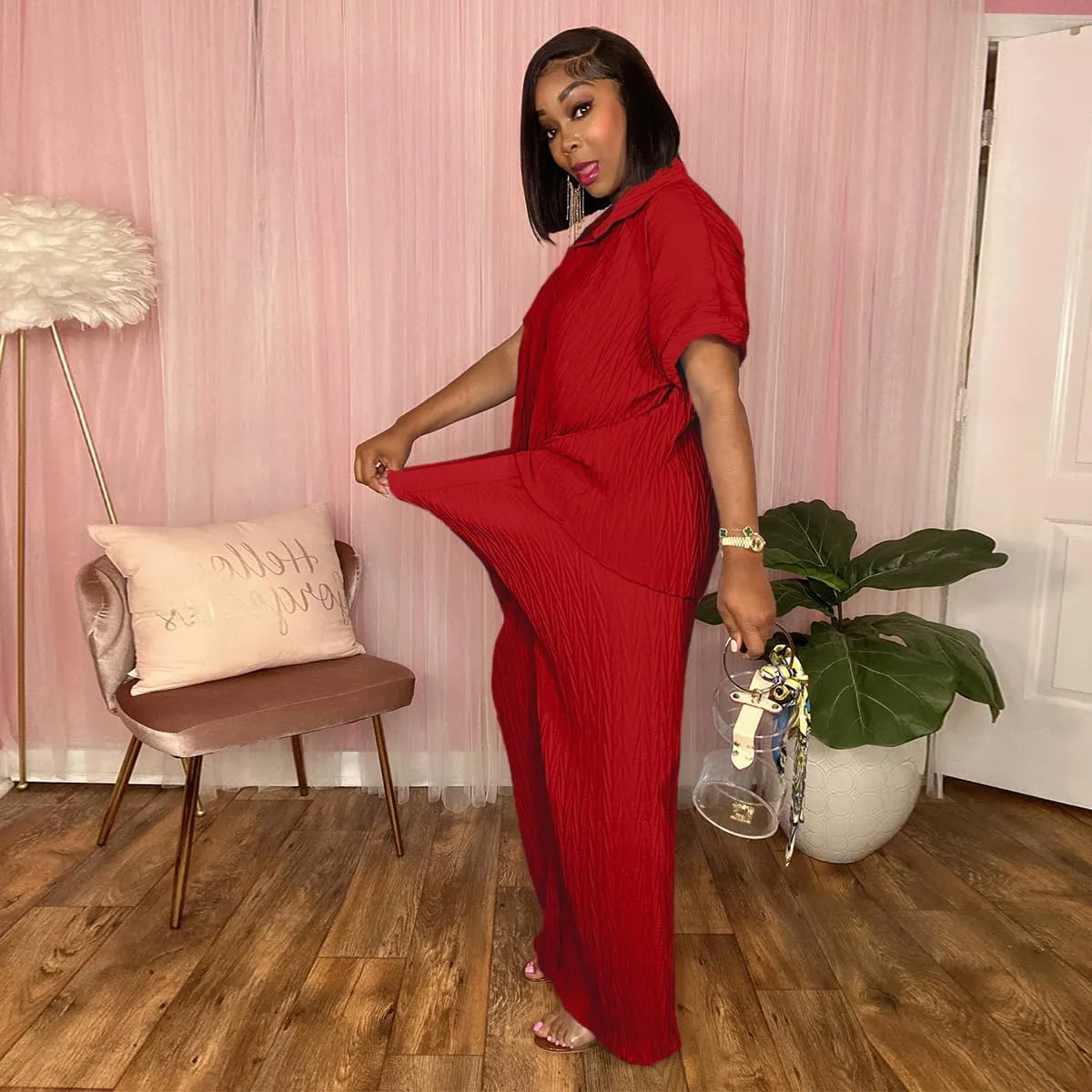 Casual Two Piece Set for Women - Button Down Shirt and Wide Leg Pants Matching Set Tracksuits