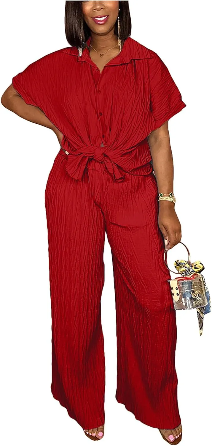 Casual Two Piece Set for Women - Button Down Shirt and Wide Leg Pants Matching Set Tracksuits