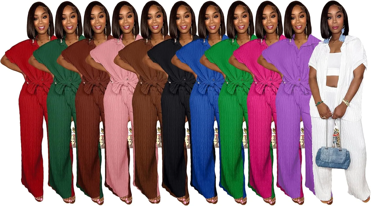 Casual Two Piece Set for Women - Button Down Shirt and Wide Leg Pants Matching Set Tracksuits