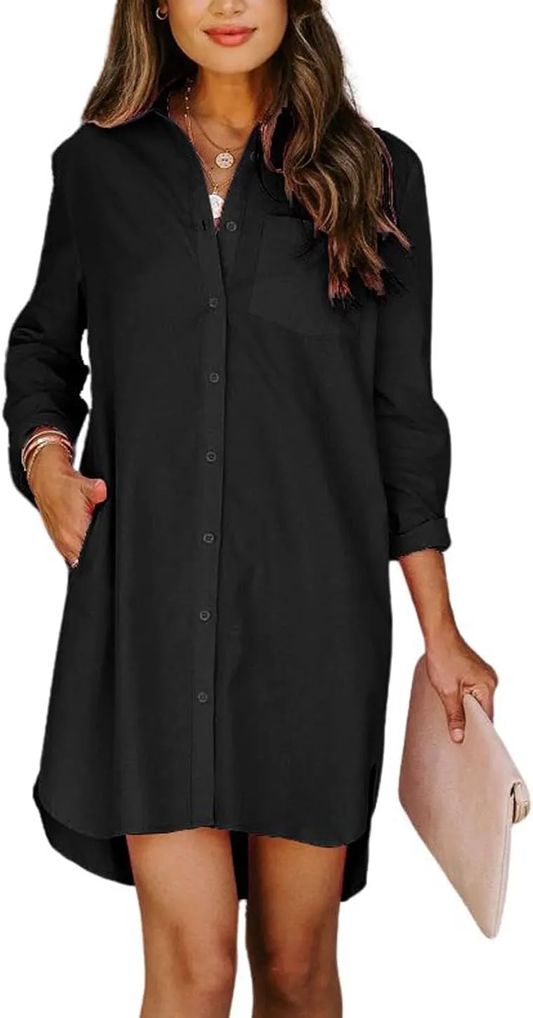 chouyatou Women's Casual Loose Fit Long Sleeve Solid Striped Button Down Shirts Dresses