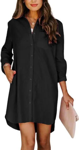 chouyatou Women's Casual Loose Fit Long Sleeve Solid Striped Button Down Shirts Dresses