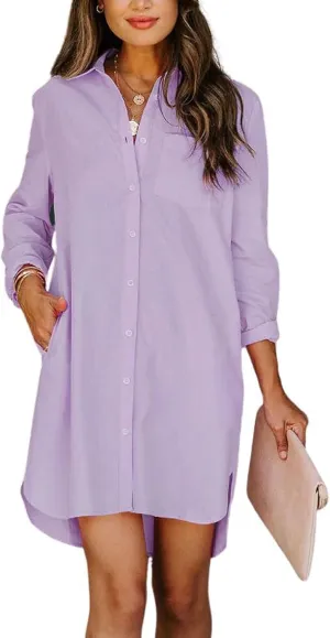 chouyatou Women's Casual Loose Fit Long Sleeve Solid Striped Button Down Shirts Dresses