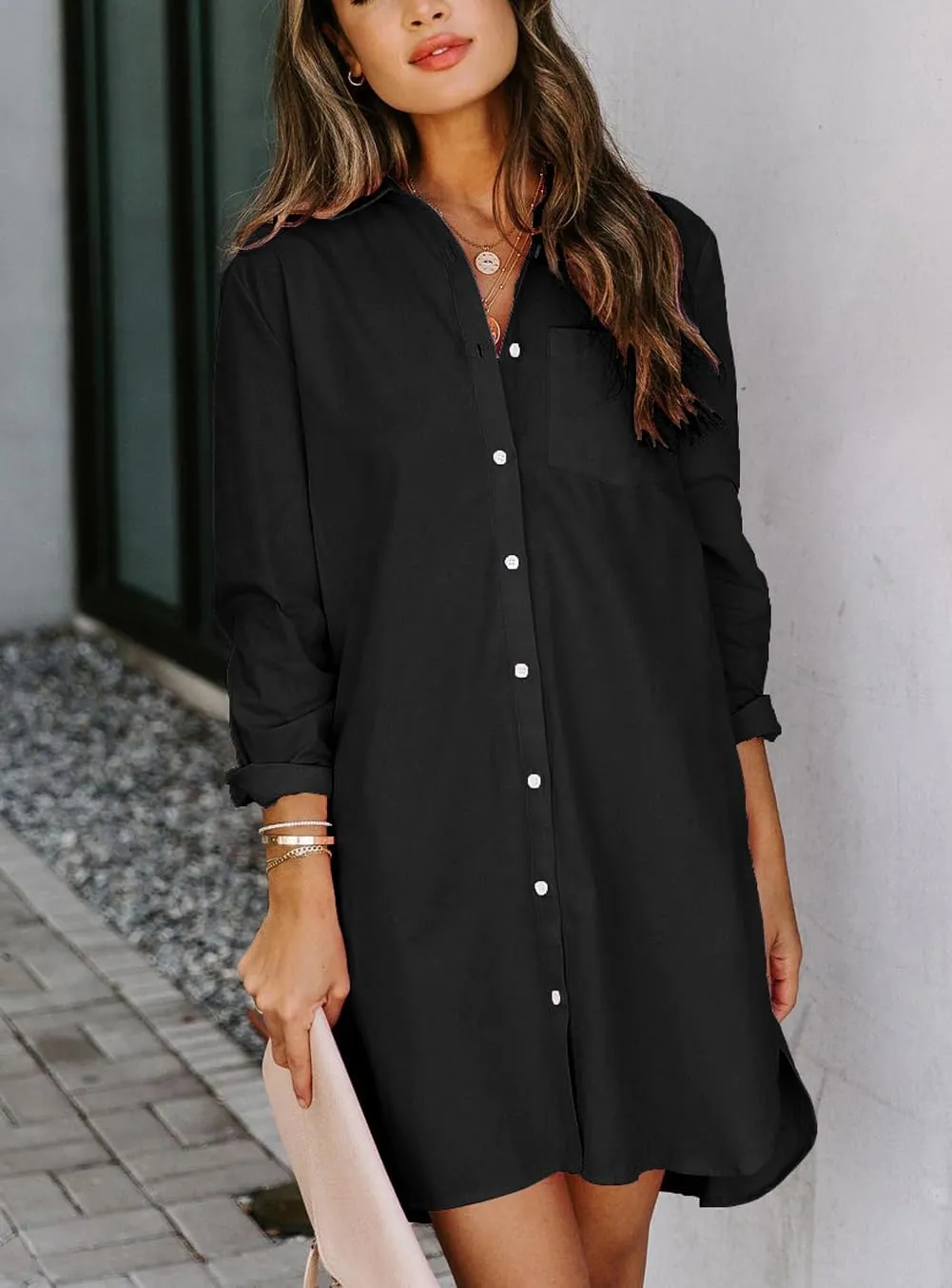 chouyatou Women's Casual Loose Fit Long Sleeve Solid Striped Button Down Shirts Dresses
