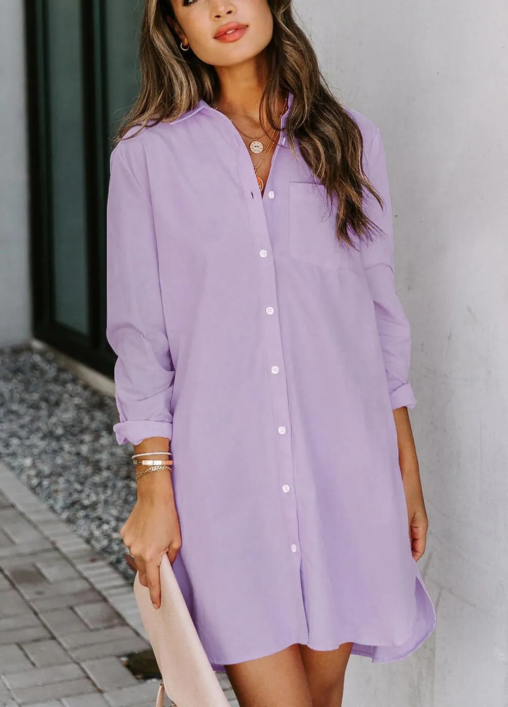 chouyatou Women's Casual Loose Fit Long Sleeve Solid Striped Button Down Shirts Dresses