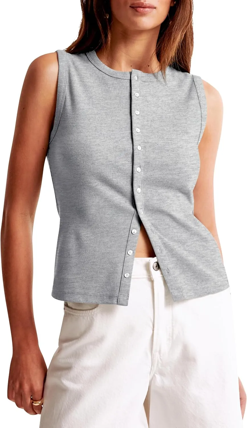 Cioatin Women Ribbed Button Down Tank Tops Sleeveless Crew Neck Slim Fit Open Front Crop Vest Going Out Y2K Clothes