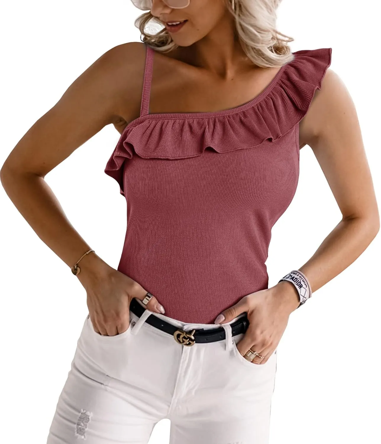 CNJFJ Womens Summer Bodycon Camisoles One Shoulder Strap Square Neck Blouse Rib Knitted Ruffle Tank Tops