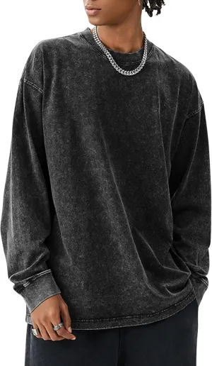 COZYPOIN Men's Acid Wash Tshirts Shirts Oversized Vintage Long Sleeve Pullover Crewneck Sweatshirt