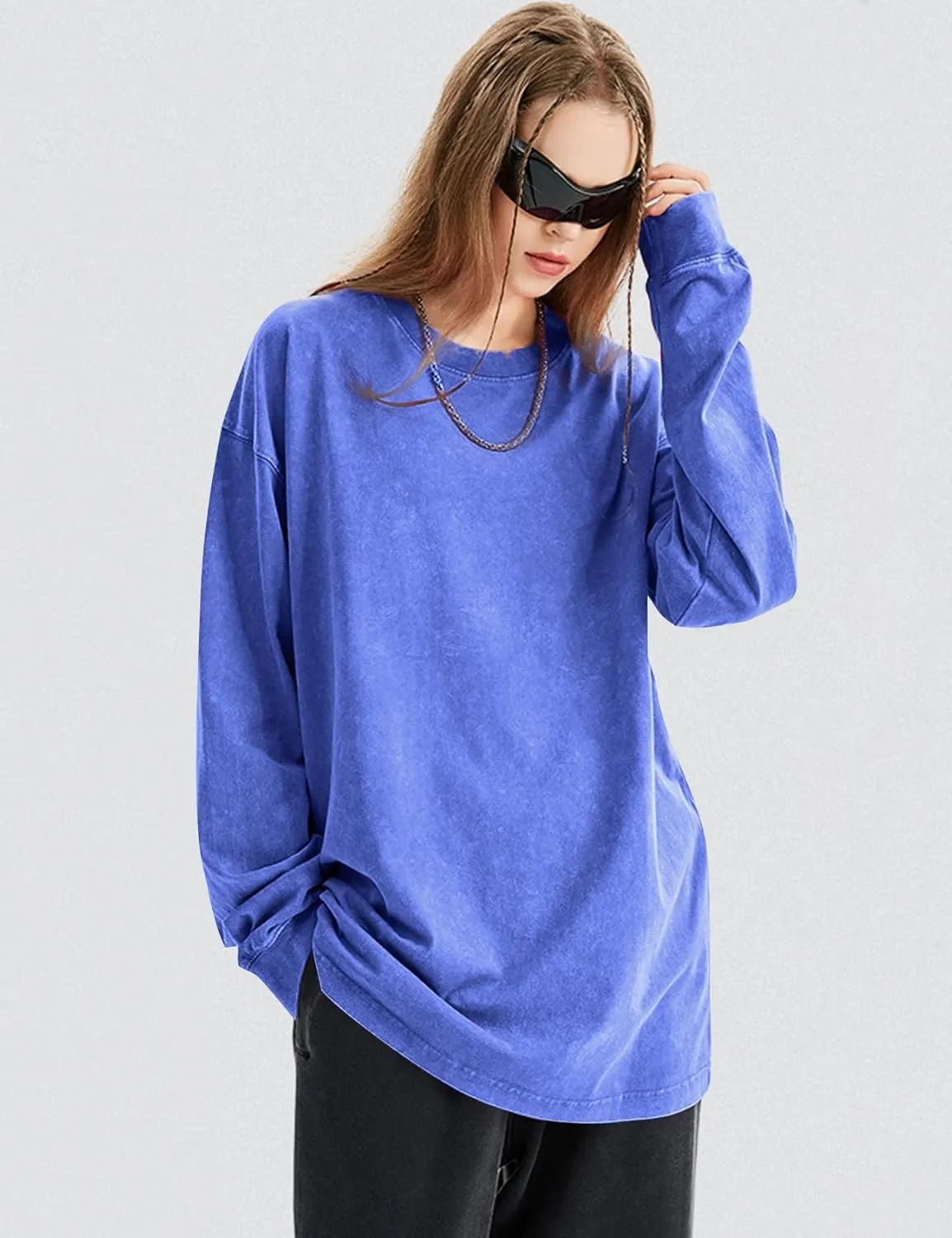 COZYPOIN Men's Acid Wash Tshirts Shirts Oversized Vintage Long Sleeve Pullover Crewneck Sweatshirt