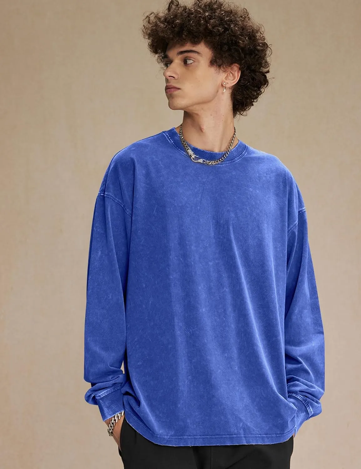 COZYPOIN Men's Acid Wash Tshirts Shirts Oversized Vintage Long Sleeve Pullover Crewneck Sweatshirt