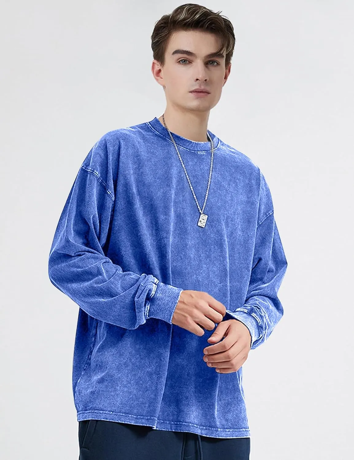 COZYPOIN Men's Acid Wash Tshirts Shirts Oversized Vintage Long Sleeve Pullover Crewneck Sweatshirt