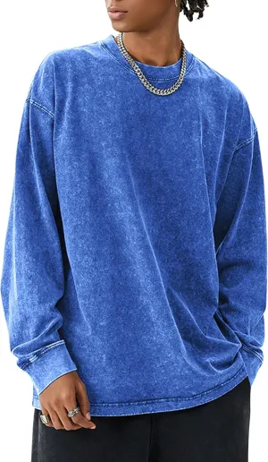 COZYPOIN Men's Acid Wash Tshirts Shirts Oversized Vintage Long Sleeve Pullover Crewneck Sweatshirt