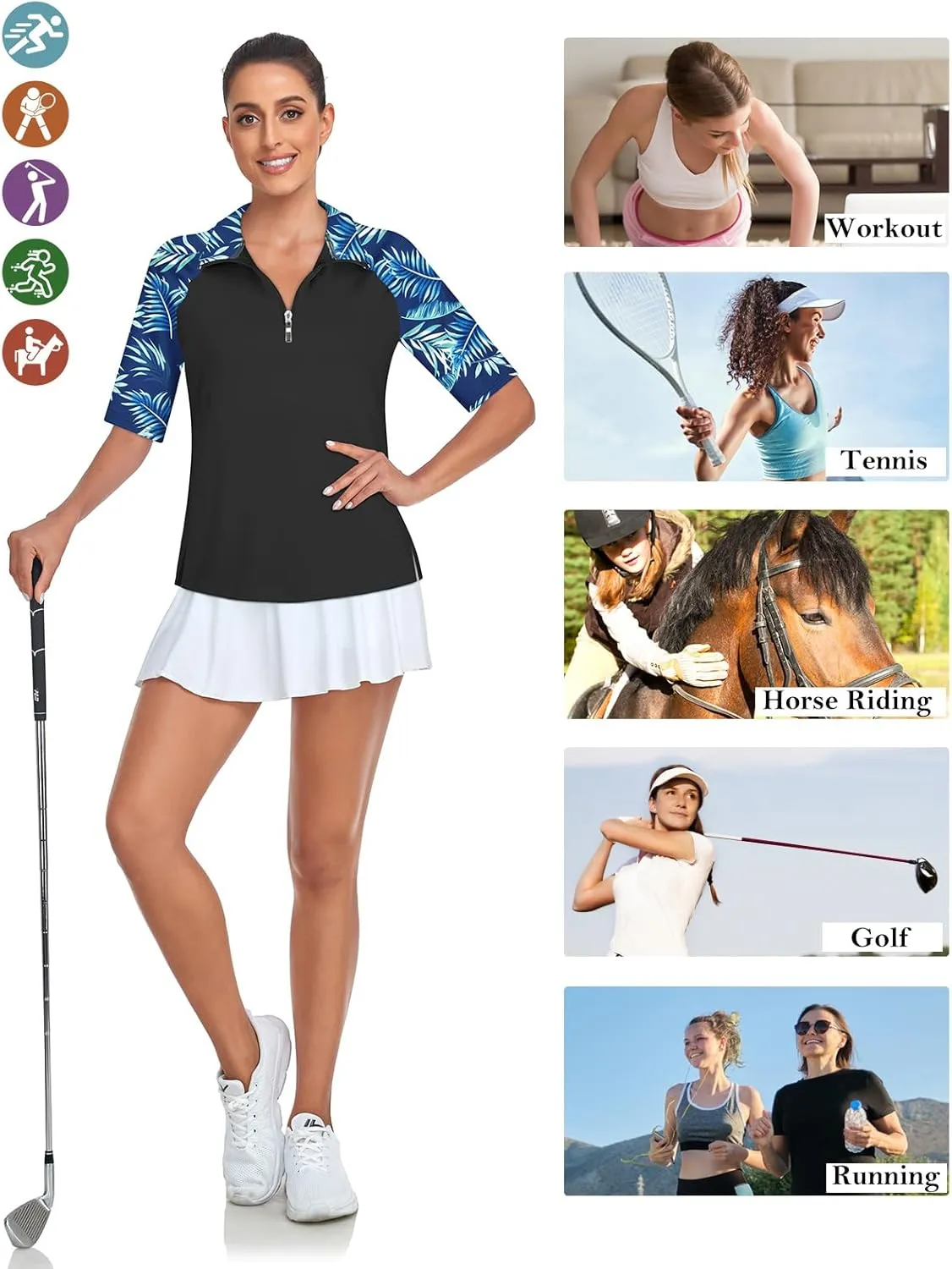 Cucuchy Womens Golf Shirt Half Sleeve Quarter Zip Polo Tennis Shirts Workout Tops