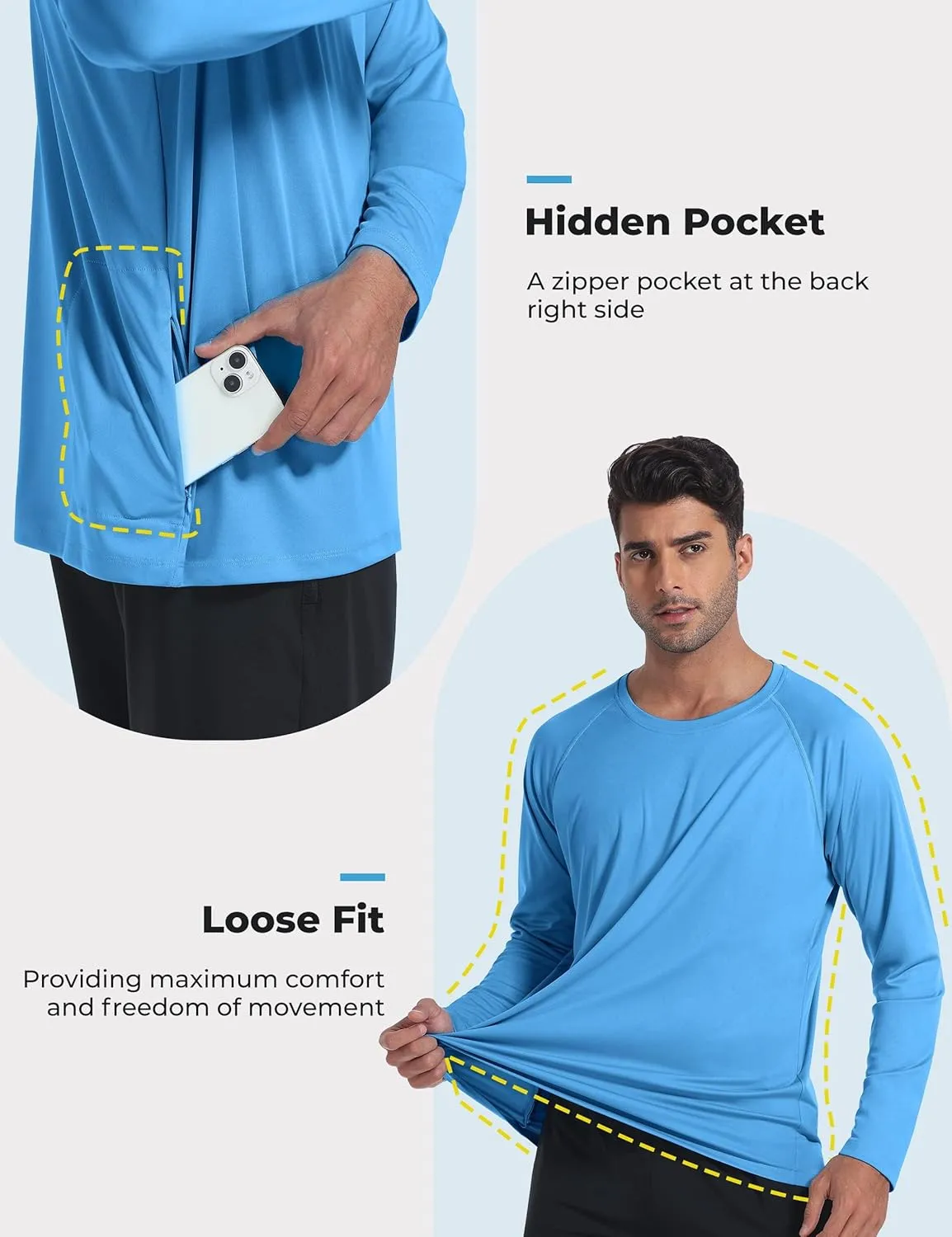 Desol UPF 50  Rash Guard for Men with Pocket Swim Shirts, Quick Dry Long Sleeve UV Protection Fishing Surfing Beach T-Shirt