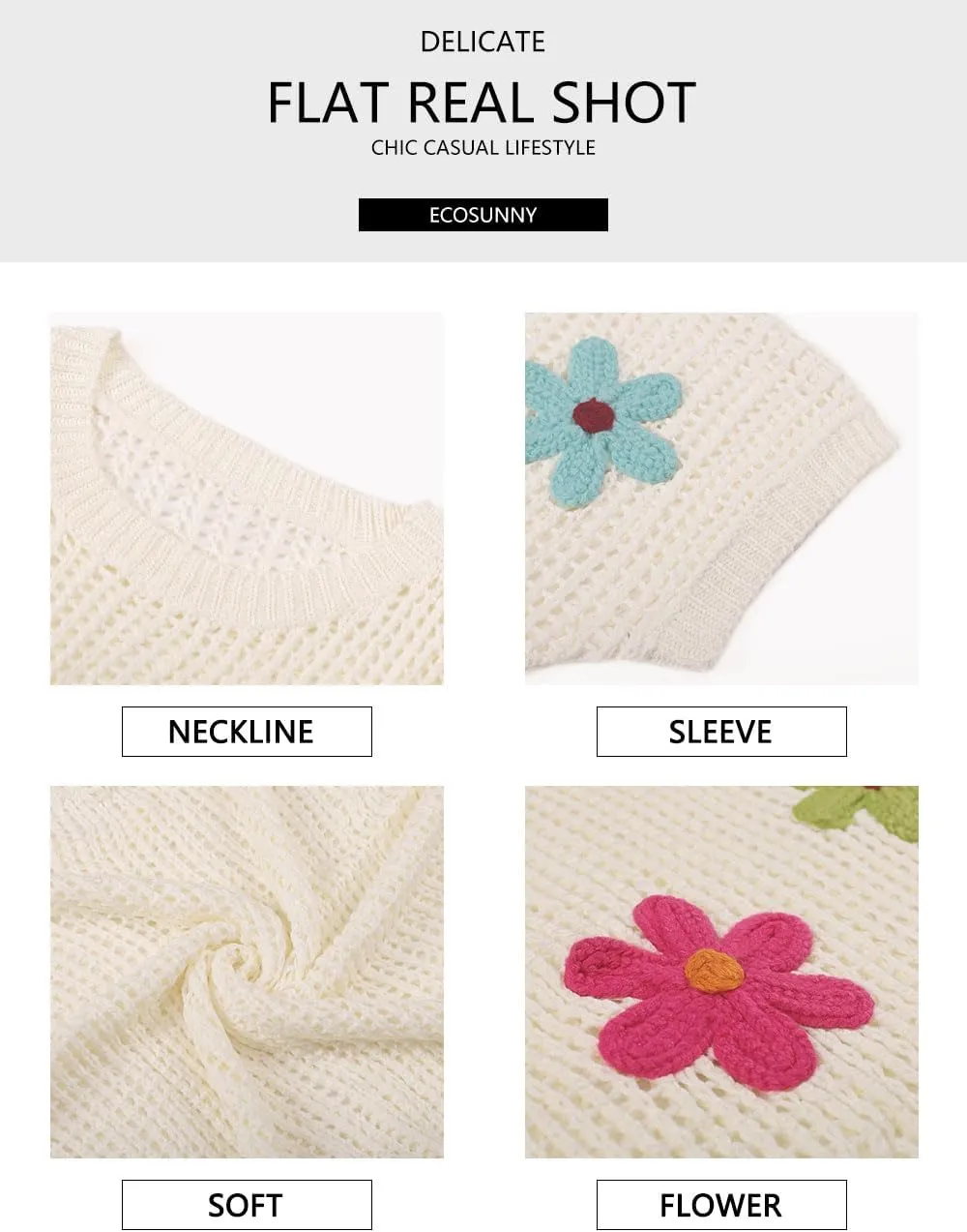 Ecosunny Womens Summer Crochet Tops Scoop Neck Short Sleeve Pullover Sweater Hollow Out Knit Tops Shirts Beach Cover Ups