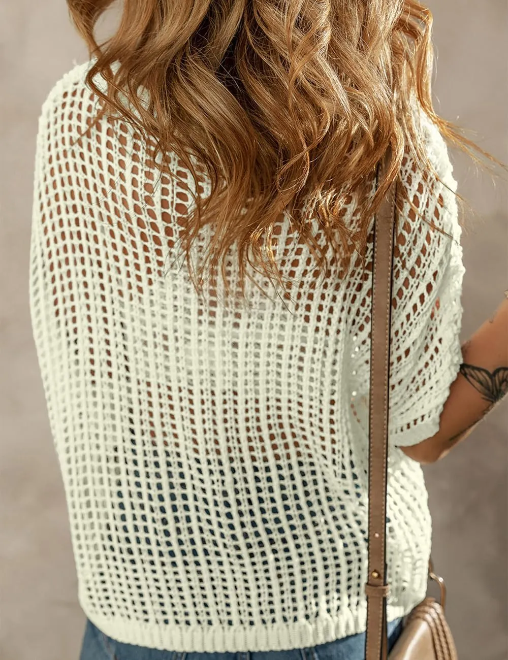 Ecosunny Womens Summer Crochet Tops Scoop Neck Short Sleeve Pullover Sweater Hollow Out Knit Tops Shirts Beach Cover Ups