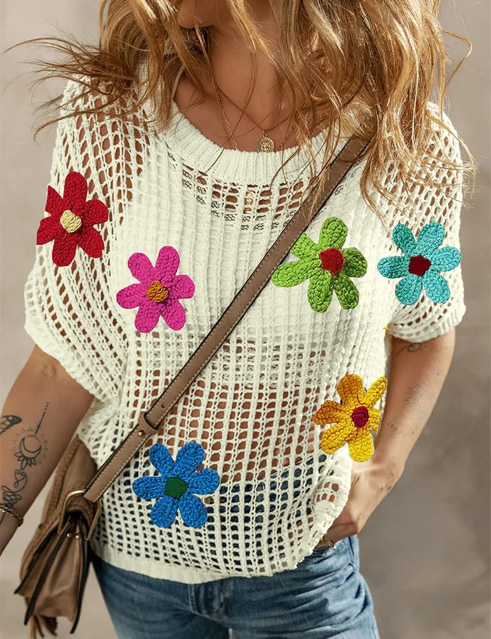 Ecosunny Womens Summer Crochet Tops Scoop Neck Short Sleeve Pullover Sweater Hollow Out Knit Tops Shirts Beach Cover Ups