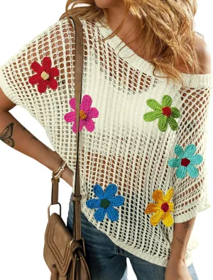 Ecosunny Womens Summer Crochet Tops Scoop Neck Short Sleeve Pullover Sweater Hollow Out Knit Tops Shirts Beach Cover Ups