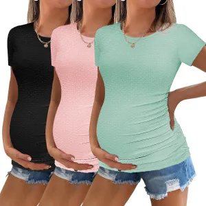 Ekouaer Womens Maternity Shirts 3 Packs Round Neck Short Sleeve Side Ruched Swiss Dot T Shirt Tops S-XXL