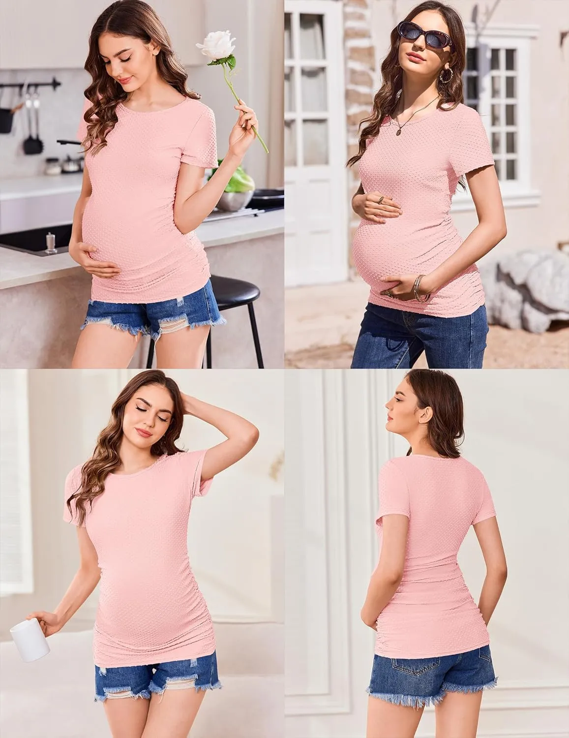 Ekouaer Womens Maternity Shirts 3 Packs Round Neck Short Sleeve Side Ruched Swiss Dot T Shirt Tops S-XXL