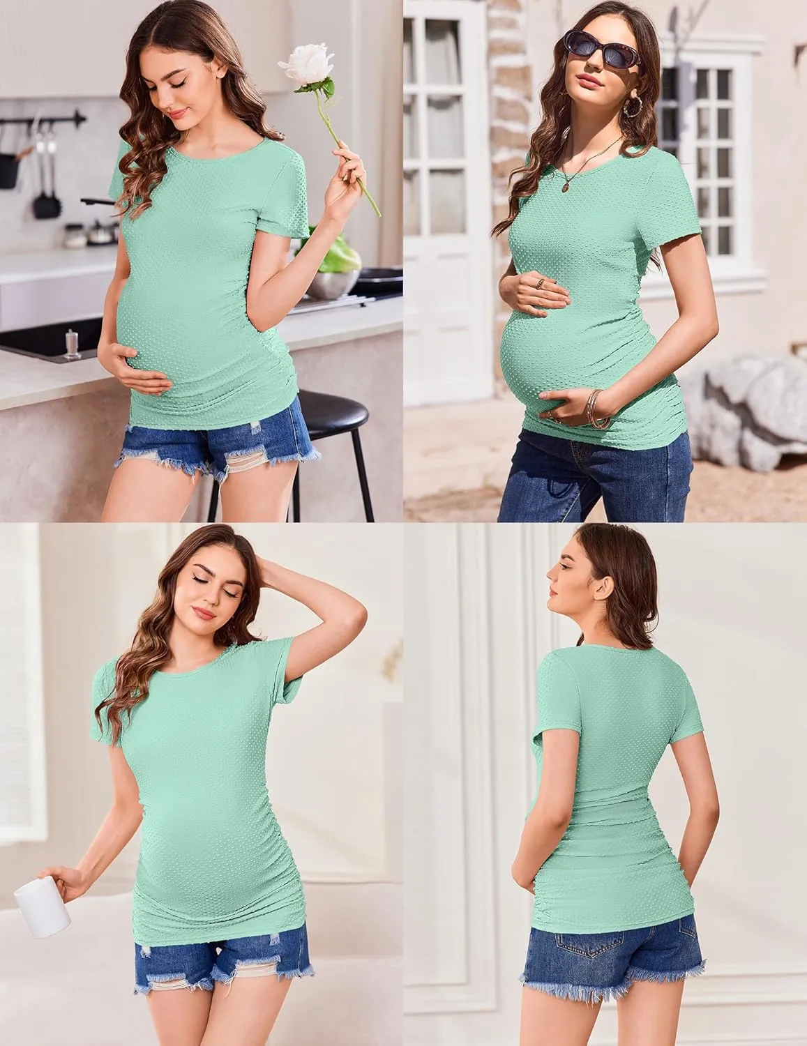 Ekouaer Womens Maternity Shirts 3 Packs Round Neck Short Sleeve Side Ruched Swiss Dot T Shirt Tops S-XXL