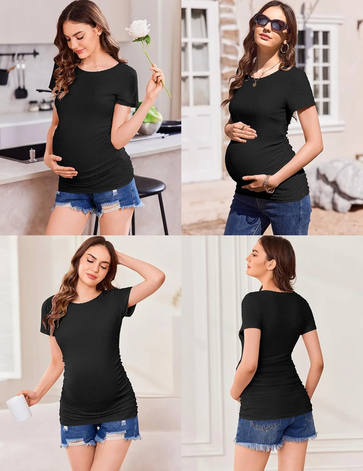 Ekouaer Womens Maternity Shirts 3 Packs Round Neck Short Sleeve Side Ruched Swiss Dot T Shirt Tops S-XXL